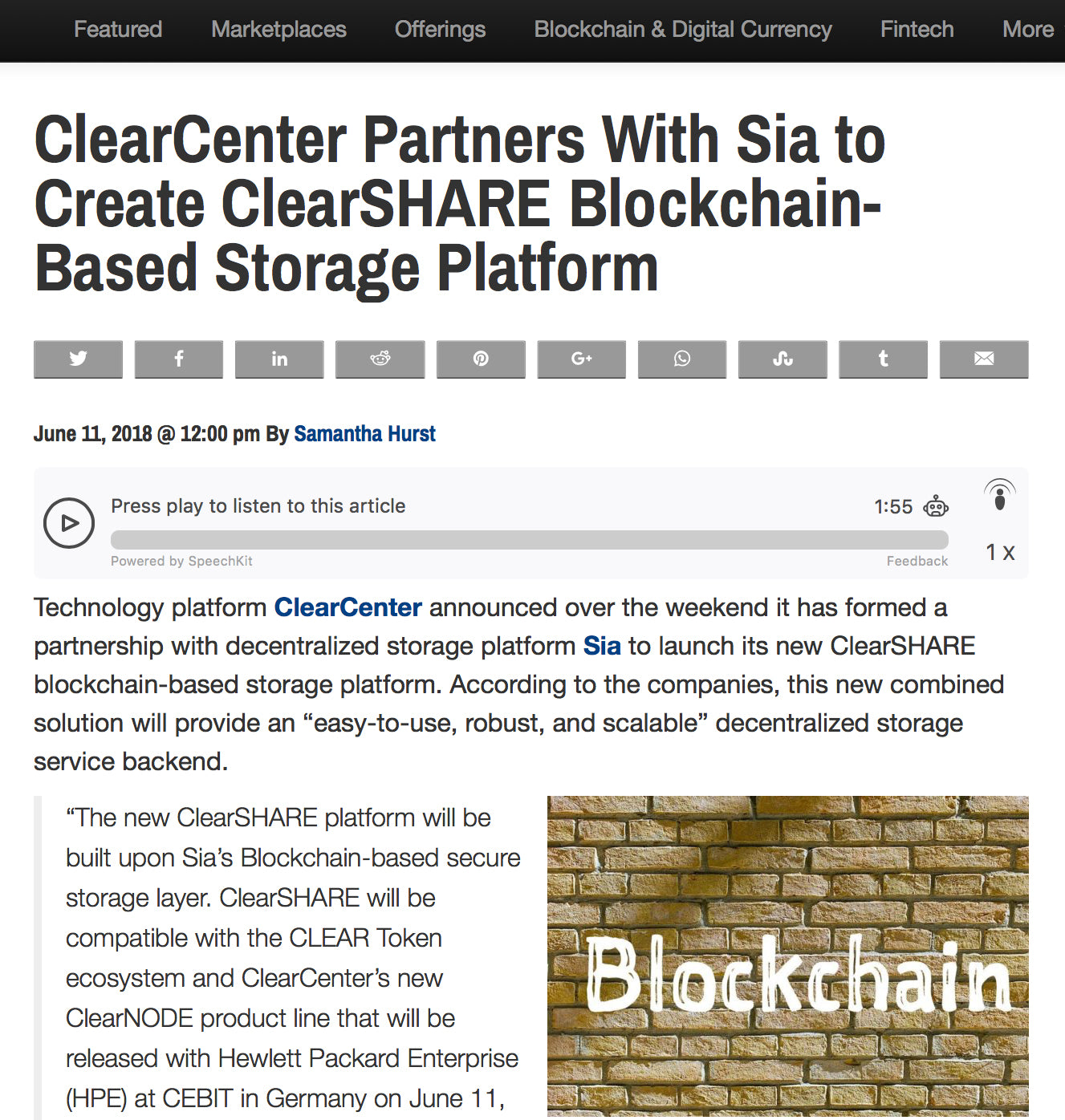 ClearCenter Partners With Sia to Create ClearSHARE Blockchain-Based Storage Platform