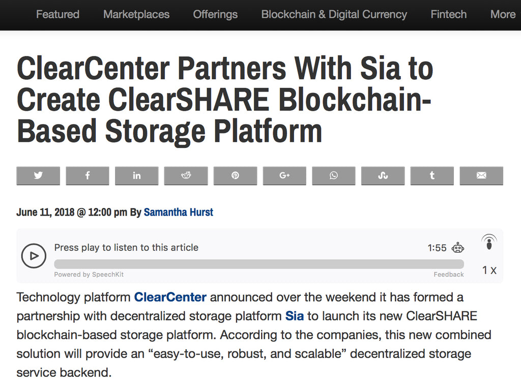 New Blockchain Storage Platform ClearSHARE By SIA & ClearCenter Announced