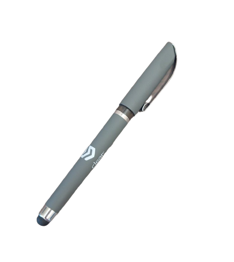 Soft Touch Stylus Gel Pen (Gray/Silver) w/ Clear logo